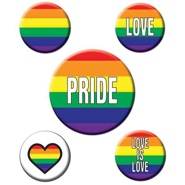 Five vibrant Adams Toy Box Rainbow Party Buttons with rainbow designs include a PRIDE button, two reading LOVE and LOVE IS LOVE, and one with a heart in rainbow colors, celebrating LGBTQ+ pride.