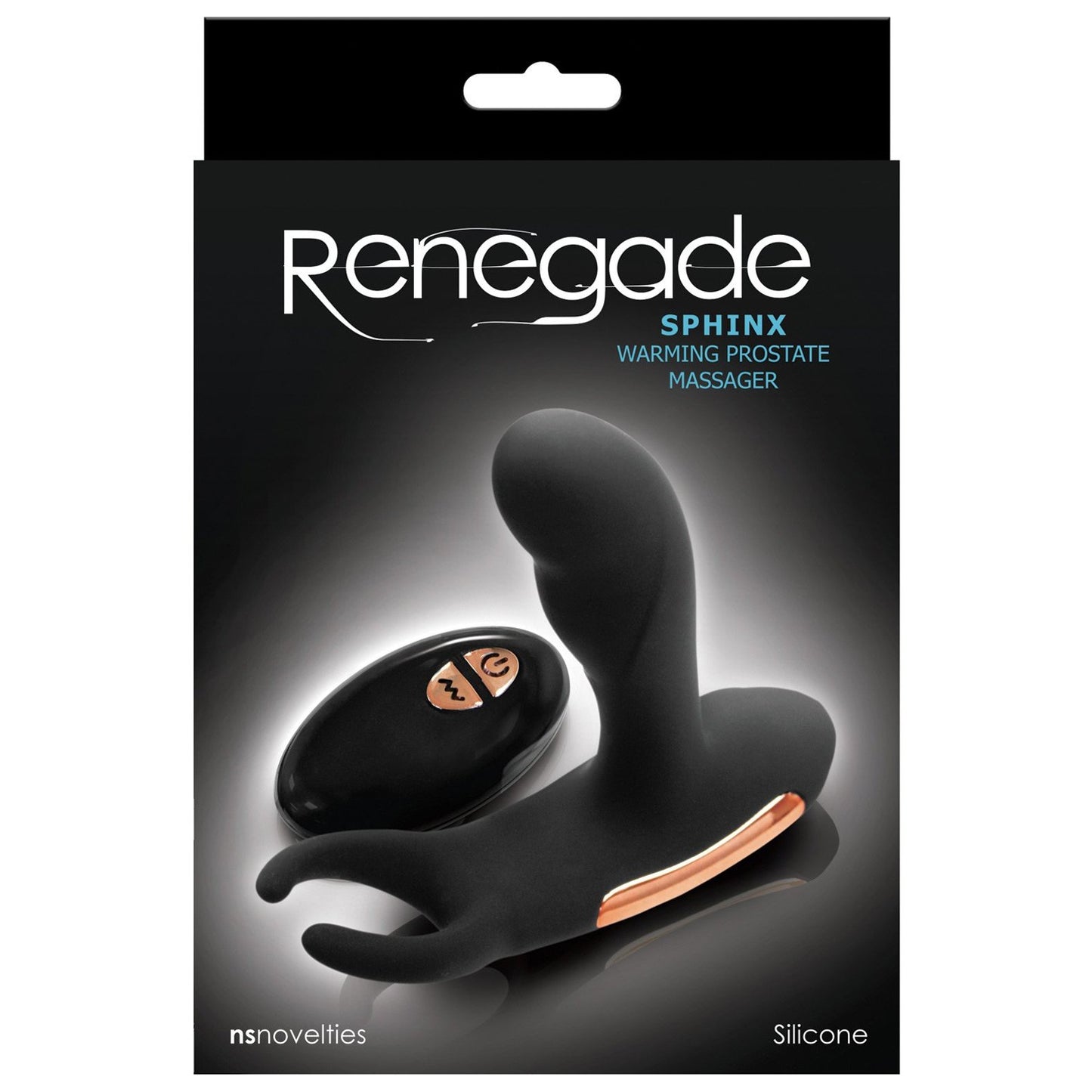 The NS Novelties Renegade Sphinx Warming Prostate Massager box features a sleek image of the black silicone massager and its remote control.