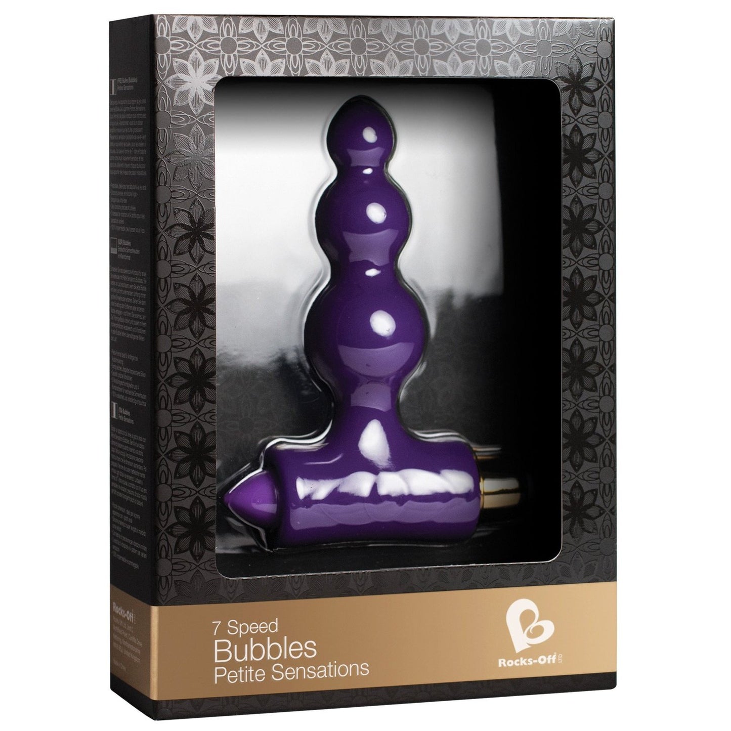 The Rocks Off Petite Sensations Bubbles, in purple beaded ultra-soft silicone, feature 3 vibration speeds. Packaged in sleek black with floral patterns, the Adams Toy Box logo is at the bottom right for an elevated experience.