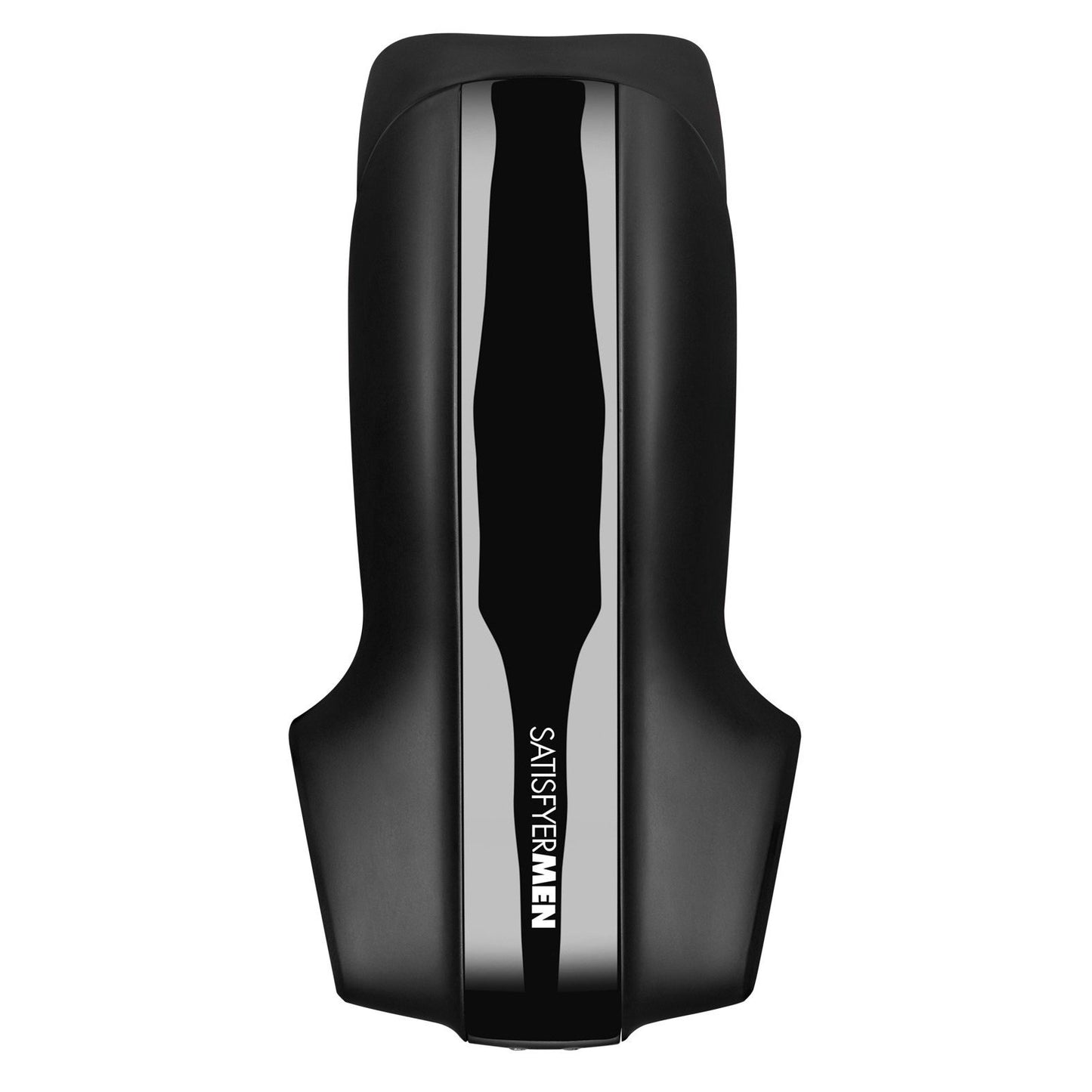 A sleek, black handheld device with a shiny surface featuring Satisfyer Men Vibration by Satisfyer in white. Its modern design has an ergonomic touch, including a central panel flanked by curved sections to enhance its vibration programs.