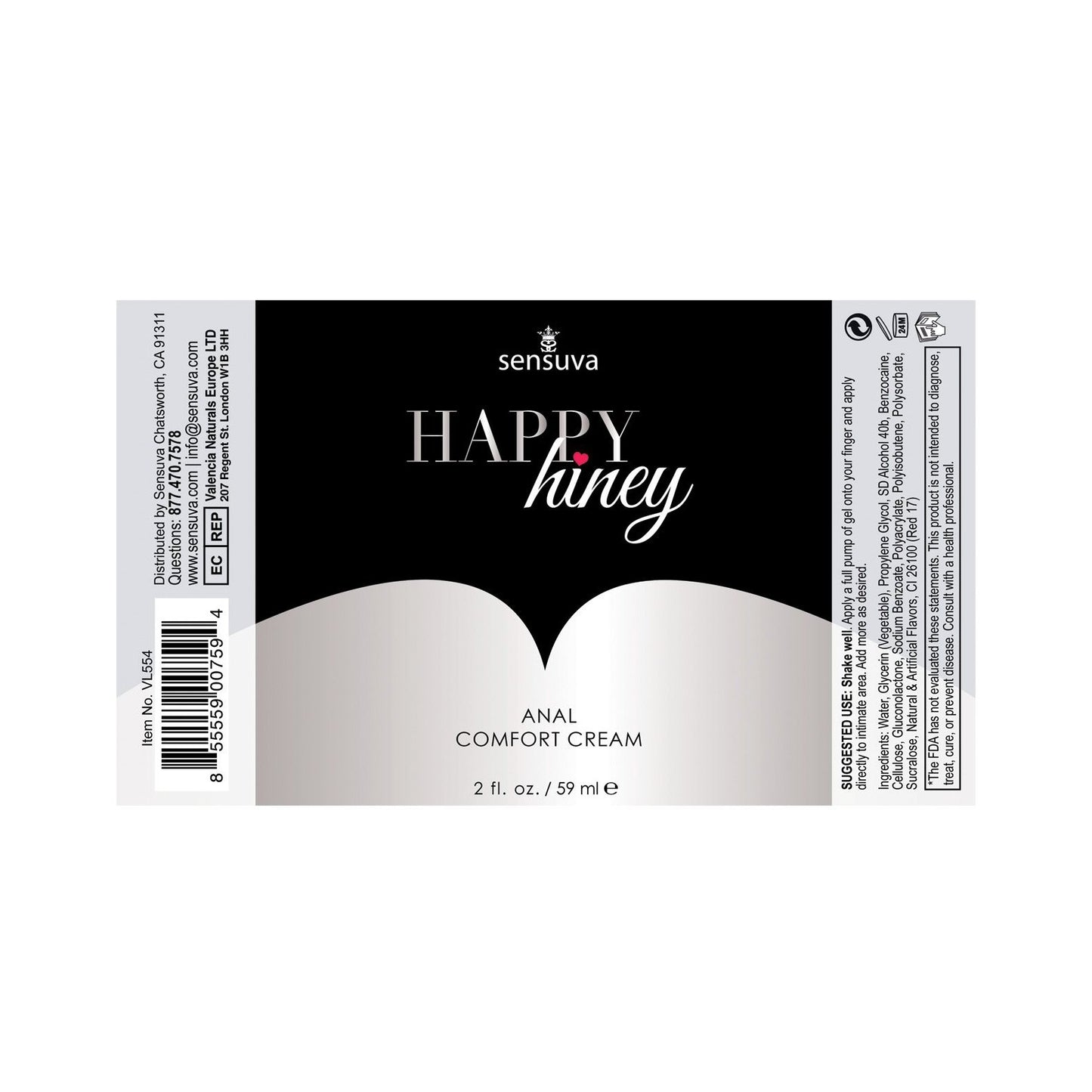 Discover Adams Toy Box Sensuva Happy Hiney Anal Desensitizing Cream, 2 fl. oz. (59 mL). The stylish black and silver packaging features branding and usage insights, promising a gentle desensitizing effect for enhanced comfort.