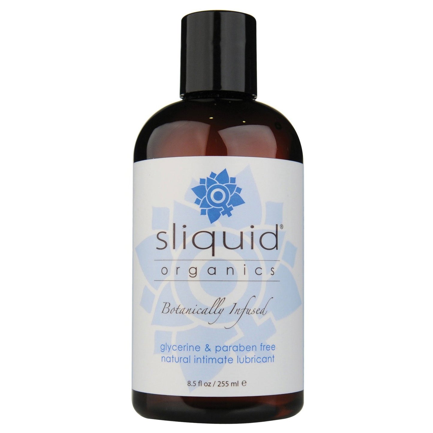 An 8.5 fl oz (255 ml) bottle of Sliquid Organics Natural Intimate Lubricant, a vegan-friendly, water-based lube by Sliquid, is glycerine and paraben-free.