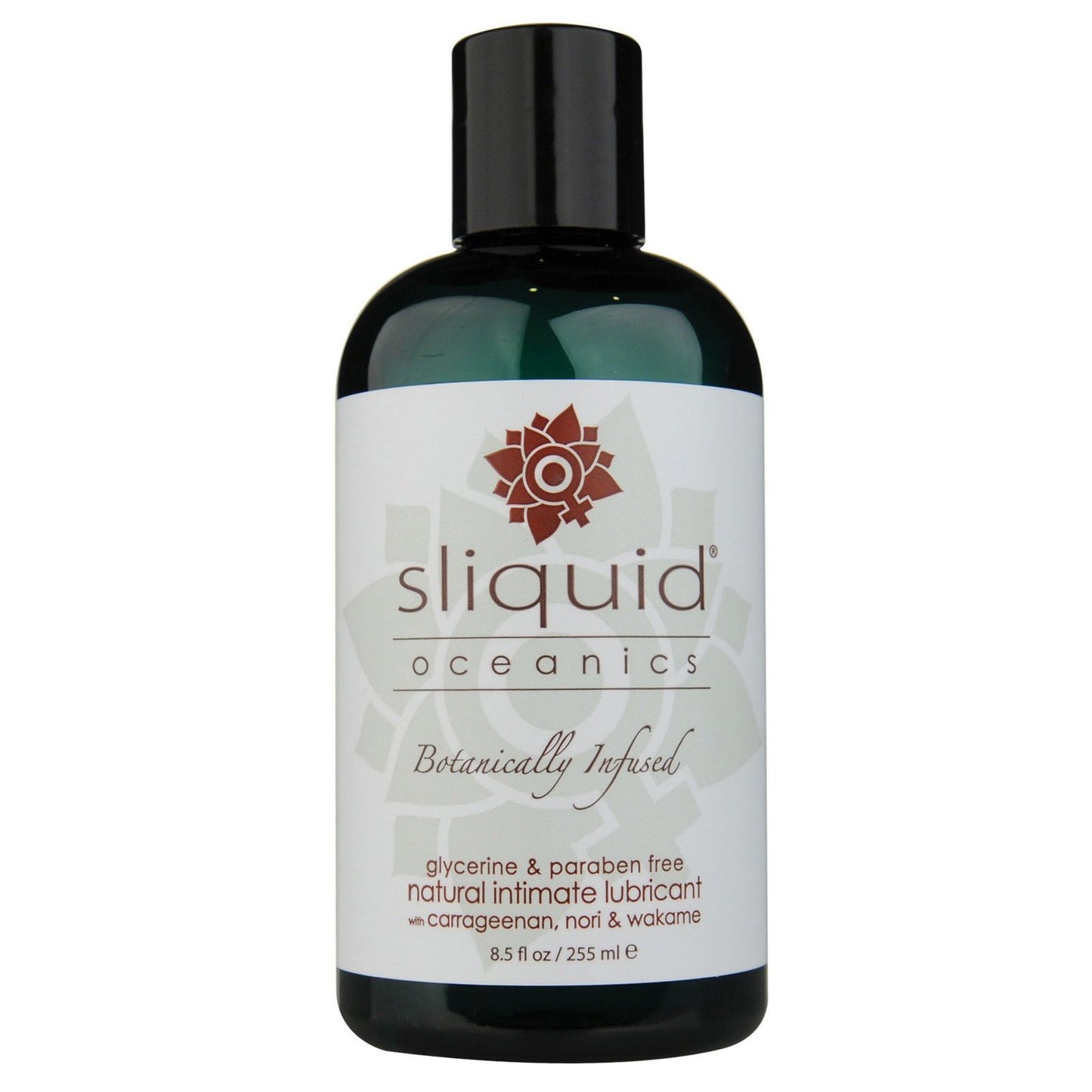Sliquid Organics Oceanics Lubricant, an 8.5 fl oz (255 ml) vegan-friendly bottle with a red floral label, is an organic lube enriched with ocean botanicals, glycerine and paraben-free.