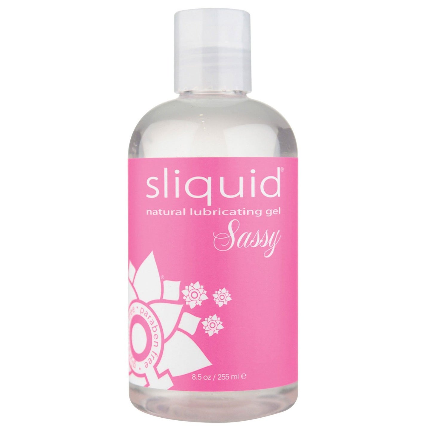 The Sliquid Sassy Anal Gel features a clear bottle with a pink floral label, proudly noting its water-based, glycerine and paraben-free formulation. The 8.5 oz (255 ml) gel is suitable for anal use.