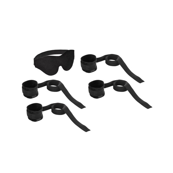 Sportsheets Beginner's Bondage Fantasy Kit: black padded blindfold and four black hook-and-loop cuffs, each with a long tie-off webbing strap.