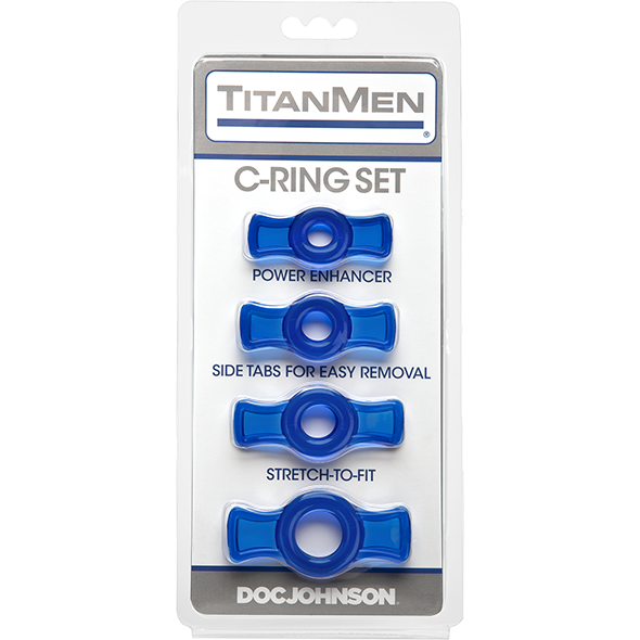 The TitanMen Tools Cock Ring Set packaging presents four stretchy blue rings labeled Power Enhancer, featuring Side Tabs for Easy Removal and Stretch-To-Fit. These rings, designed to enhance erection strength, are elegantly showcased on a white background.
