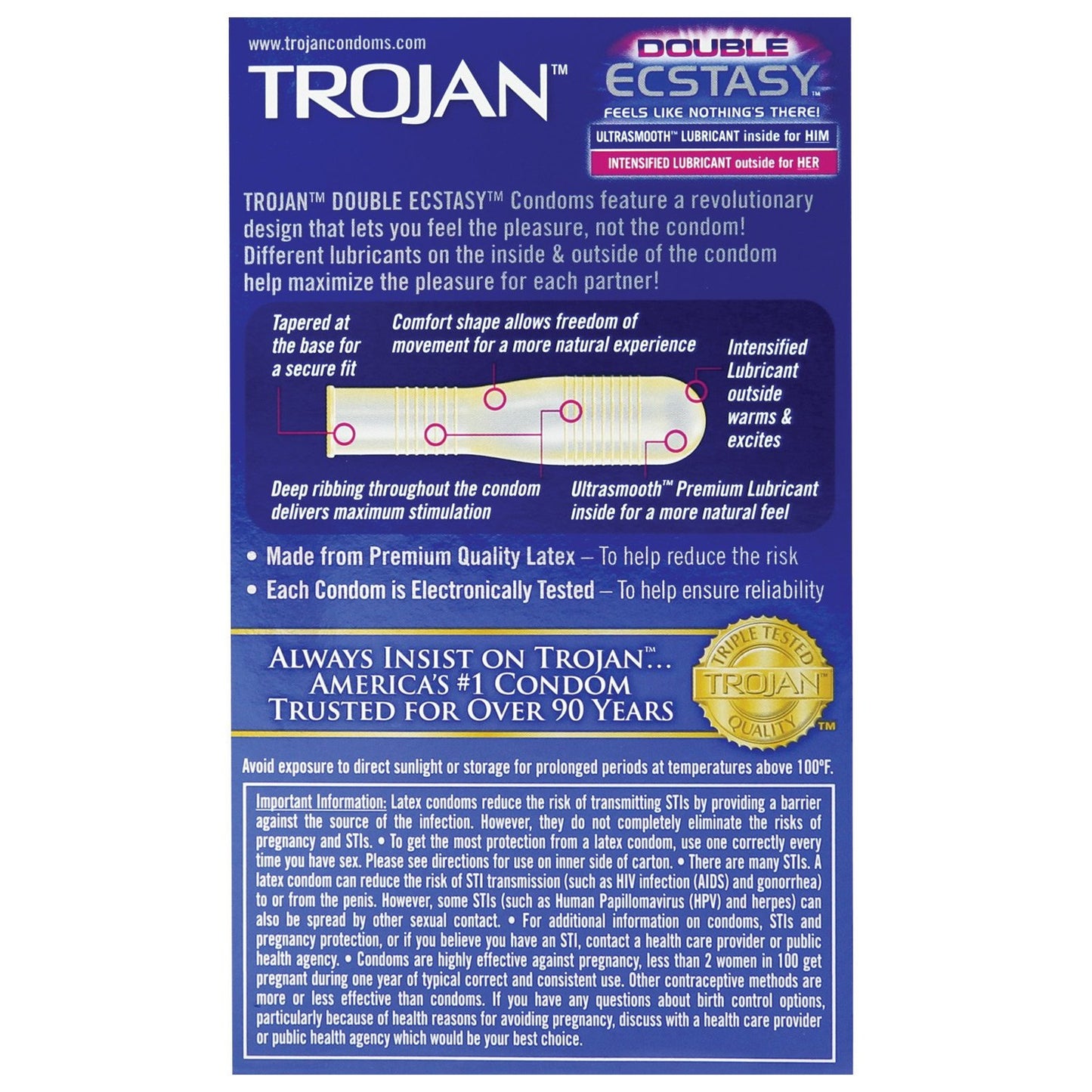 The packaging for Trojan Double Ecstasy Condoms highlights a comfort shape, premium latex, ultrasmooth outer lubricant with ribbed interior for enhanced pleasure. It includes a diagram and notes they are electronically tested for reliability.