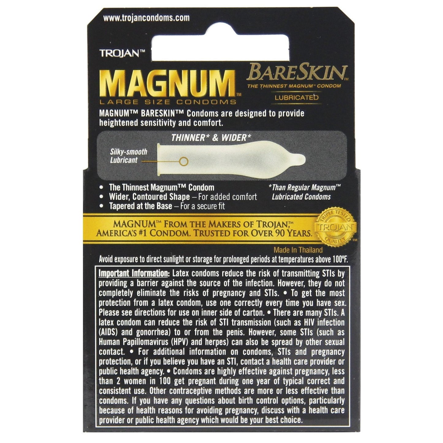 The Trojan Magnum BareSkin ultra-thin condoms by Paradise Marketing, in a pack of 3, highlight Thinner & Wider boldly. Noted for exceptional thinness and silky-smooth lubricant, they offer larger natural latex condoms with pregnancy protection details visible.