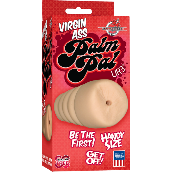 The image displays a beige product in a red and pink box labeled UR3 Virgin Ass Palm Pal by Doc Johnson, with black text inviting you to Be the first! Handy Size. Get off! The packaging includes logos for being phthalate-free and made in America.