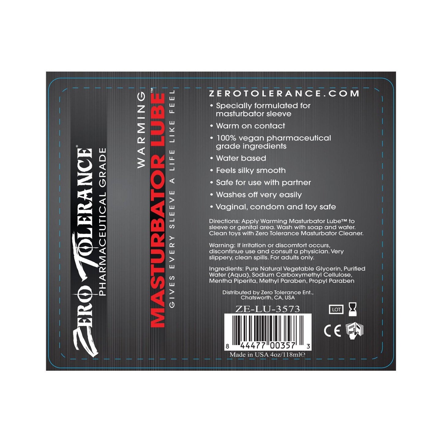 The label image displays Zero Tolerances Warming Masturbator Lube, a silky, pharmaceutical-grade lubricant thats 100% vegan and water-based. Safe for partner use, it highlights essential details and includes a barcode for easy reference.