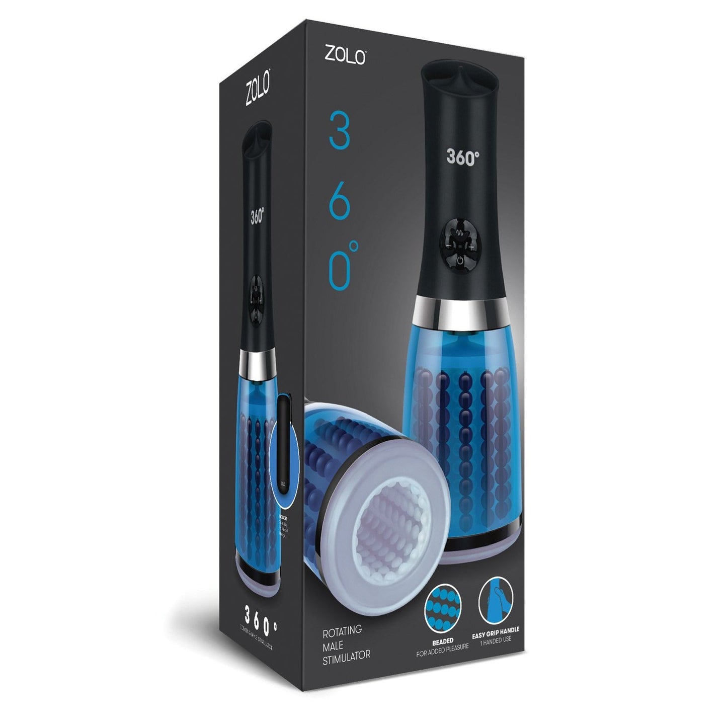 The packaging of the Zolo 360 Rotating Male Stimulator, in sleek black and blue, showcases its advanced rotating action and massage-ready pleasure dots. It emphasizes easy cleaning, with prominent branding and product imagery.