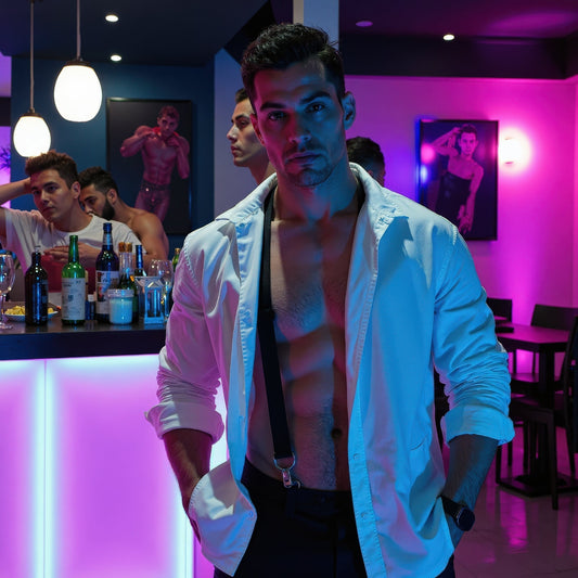 The image depicts a confident, muscular man standing in a stylish, dimly lit gay bar.