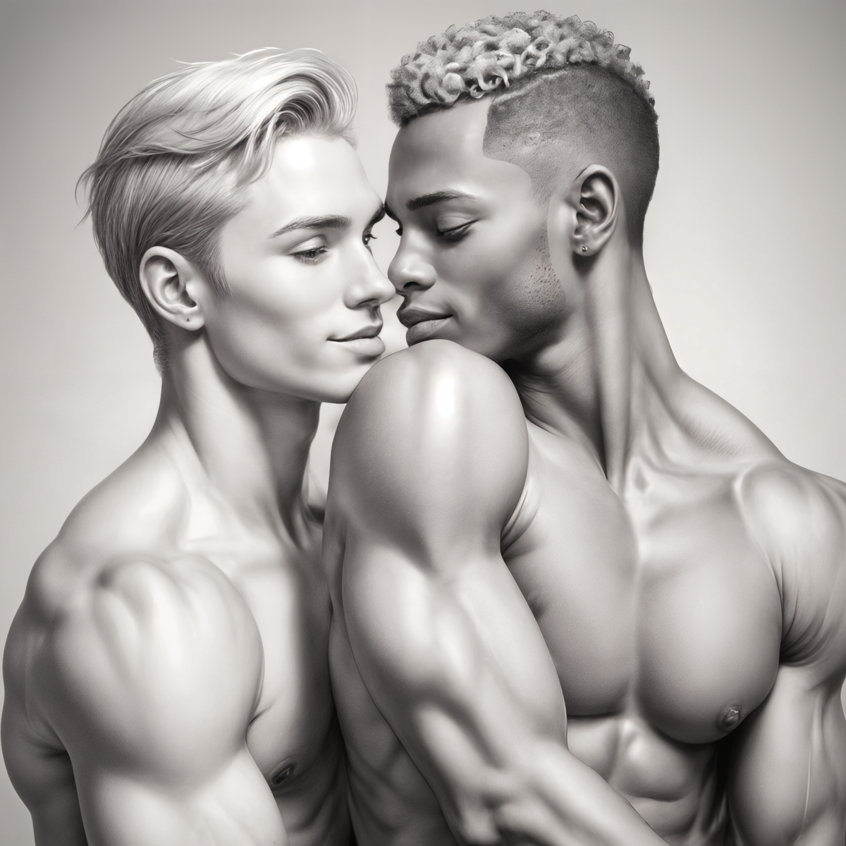 Two shirtless men embrace closely, gazing at each other tenderly with soft expressions. The image is in black and white, highlighting their defined muscles and affectionate connection.