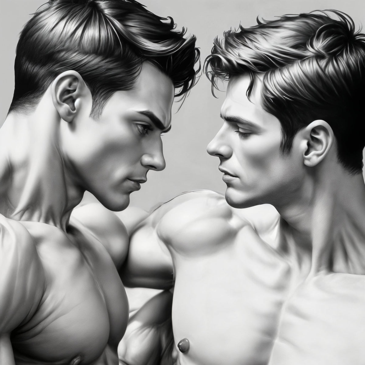 Two muscular, shirtless men face each other closely, gazing intensely into each others eyes. The black-and-white image highlights their defined features and serious expressions.