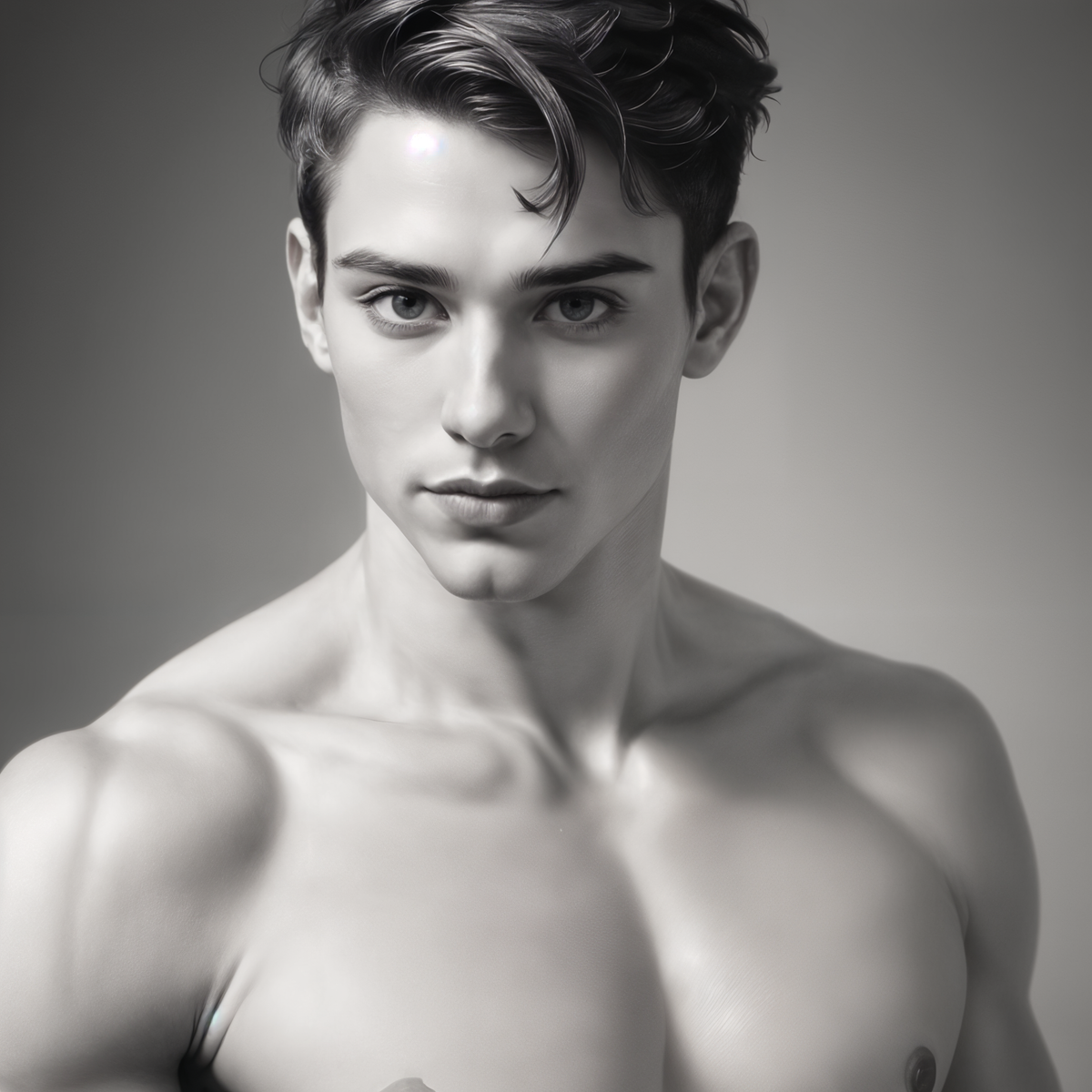 A young man with short, wavy hair poses shirtless against a neutral background, looking directly at the camera with a serious expression. The image is in black and white.