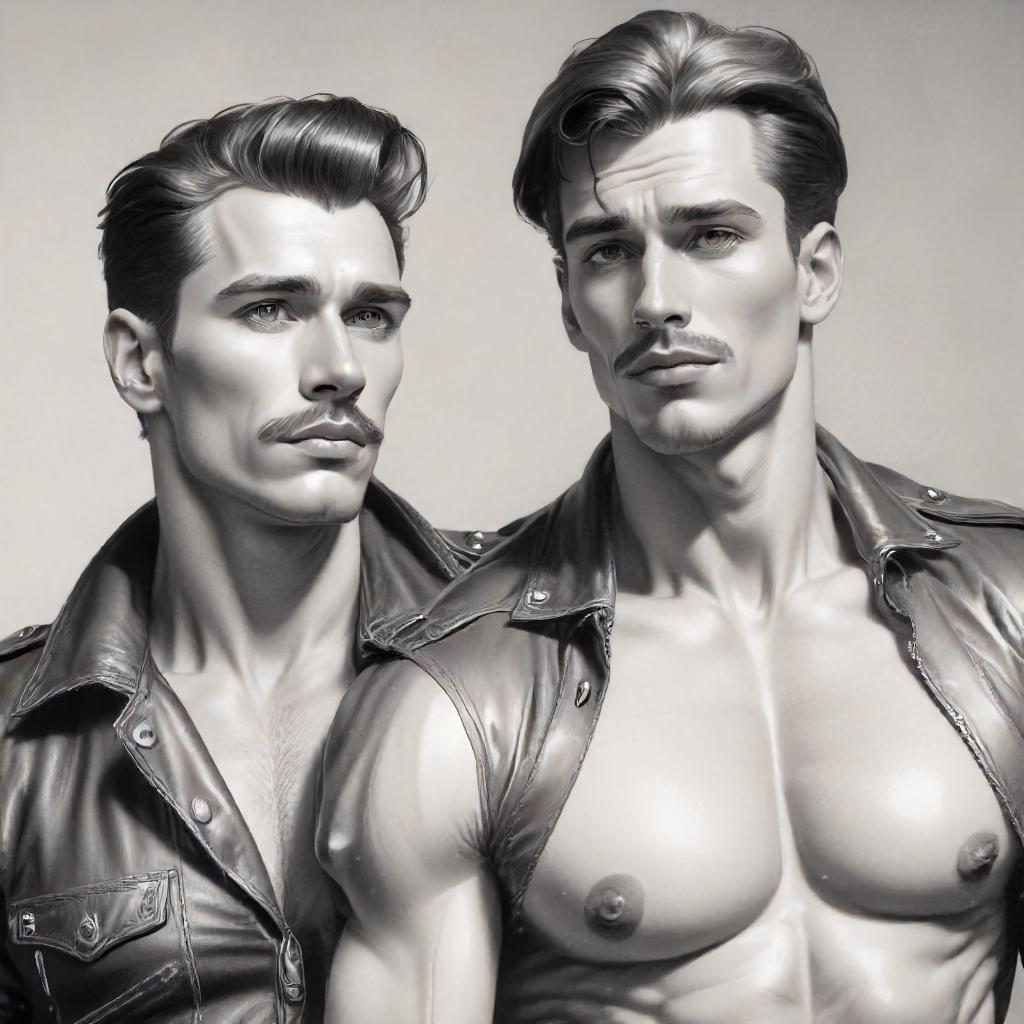 Two men with styled hair and mustaches wear open leather jackets, revealing muscular chests. They pose closely together, gazing in different directions against a neutral background.