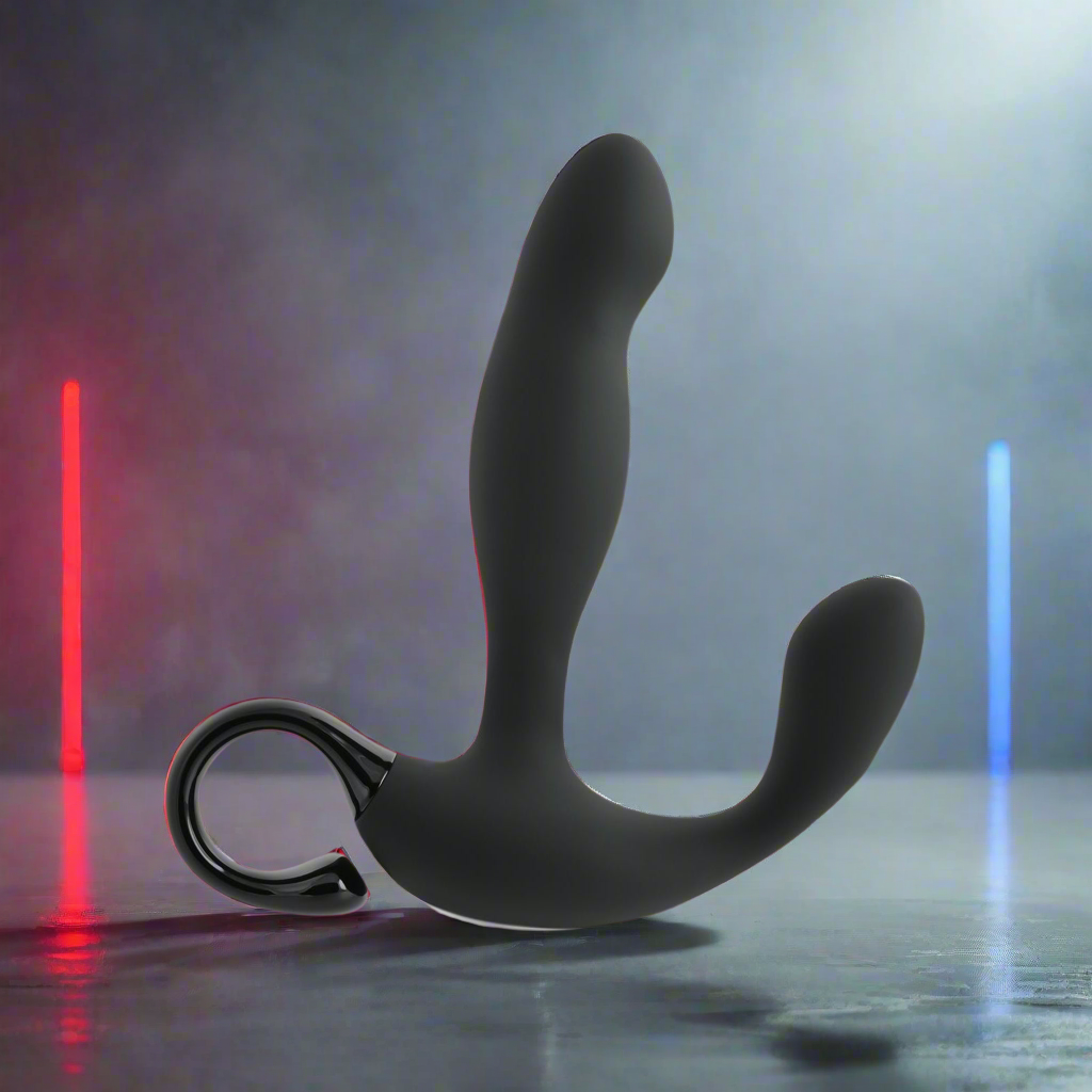 The Playboy Pleasure Come Hither Prostate Massager - 2 AM, in black body-safe silicone with a looped handle, is displayed on a reflective surface. The backdrop glows in misty hues under red and blue lighting.