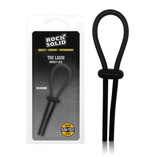 The Rock Solid Lasso Single Adjustable Lock Black Silicone is a premium product, designed with an adjustable C-ring for a precise fit. Packaged to emphasize its high quality, it features the Dura-Tech logo, ensuring it is body-safe and flawlessly fitting.