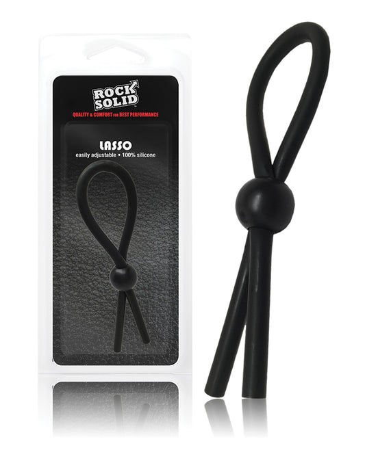 Rock Solid Lasso in black silicone: one loop of cord with a single round sliding bead, beside its package