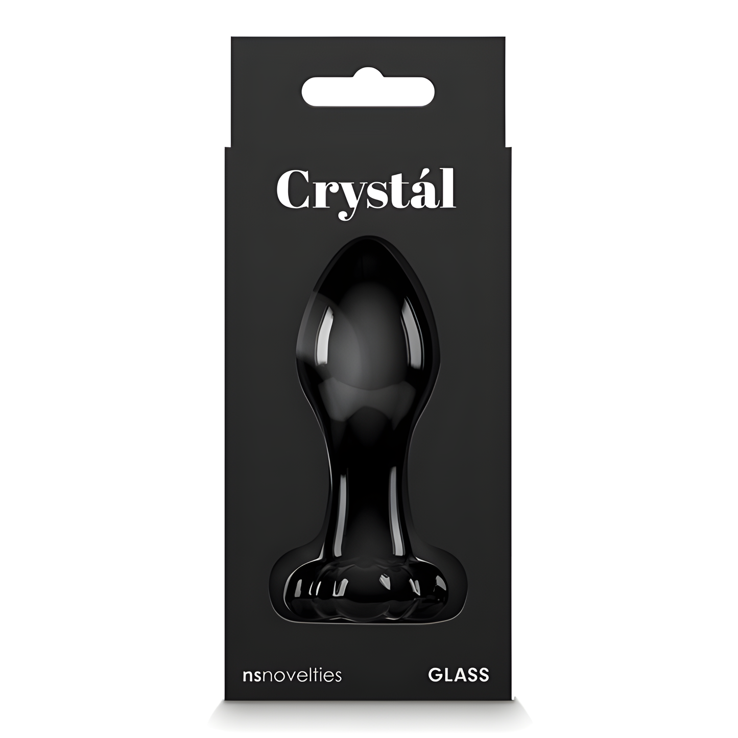 The packaging displays a black glass plug labeled Crystal Flower Butt Plug by NS Novelties, with GLASS at the base. The black background has a window highlighting its elegant form, crafted from durable borosilicate glass.