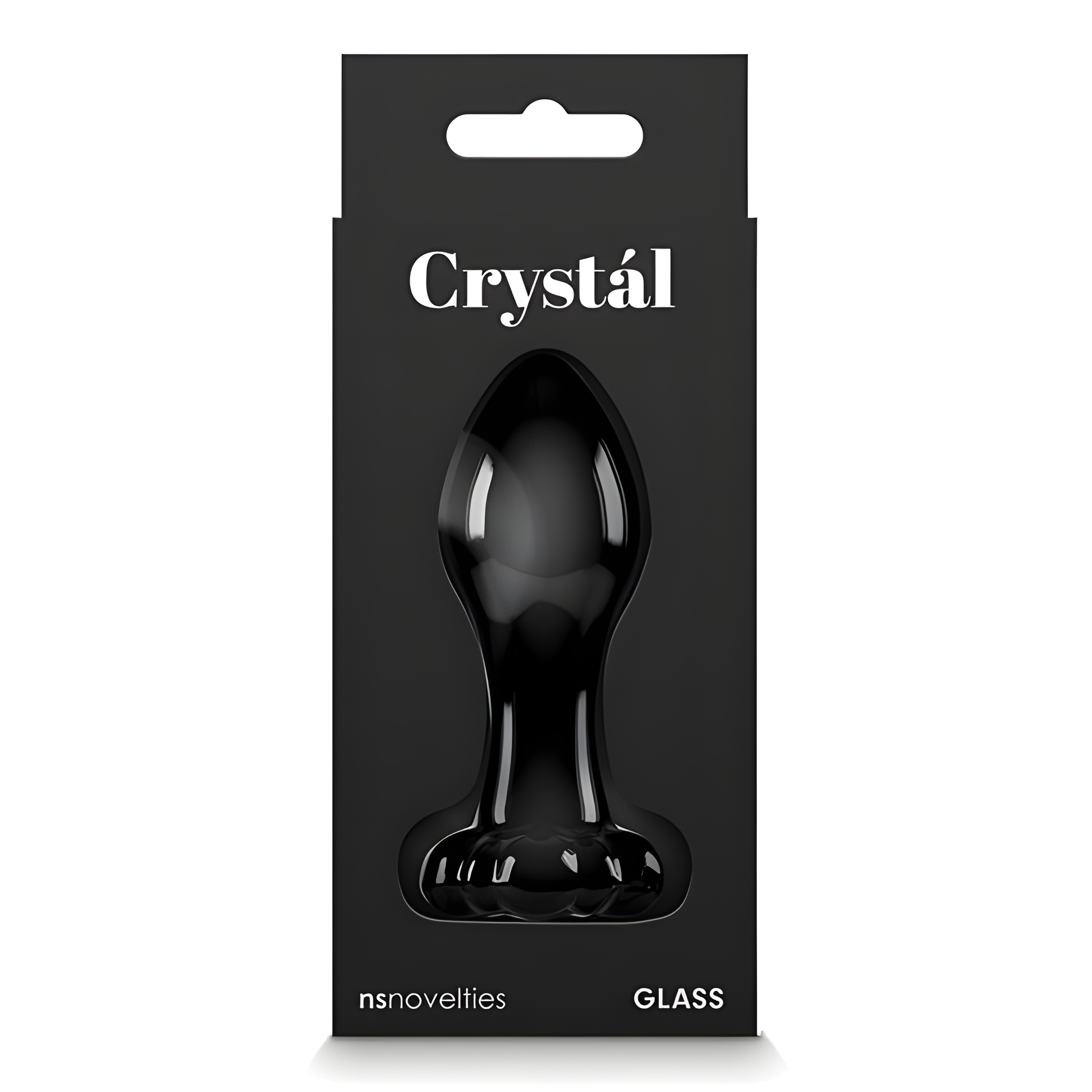 The packaging displays a black glass plug labeled Crystal Flower Butt Plug by NS Novelties, with GLASS at the base. The black background has a window highlighting its elegant form, crafted from durable borosilicate glass.