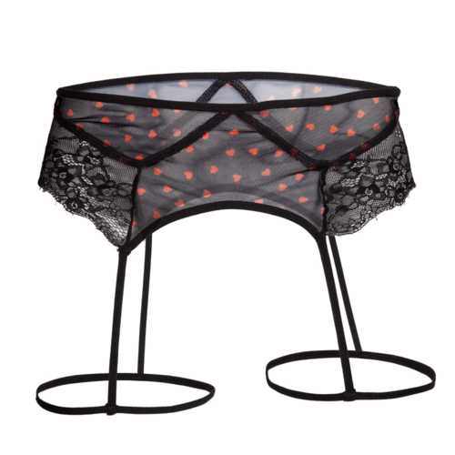 The Secret Male Flower Laced Peek-a-boo Lingerie with hearts is a black garter belt adorned with red heart patterns, ideal for Valentines Day. It showcases romantic lace on the sides and includes black straps for stockings, merging elegance with allure.