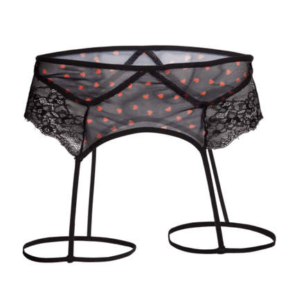 The Secret Male Flower Laced Peek-a-boo Lingerie with hearts is a black garter belt adorned with red heart patterns, ideal for Valentines Day. It showcases romantic lace on the sides and includes black straps for stockings, merging elegance with allure.