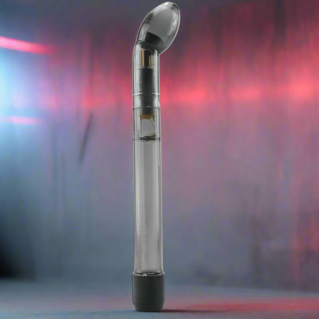 The Dr. Joel Kaplan Prostate Massager by California Exotic Novelties is a sleek, transparent cylinder with a curved top and dark base. Its waterproof and illuminated by red and blue lights, casting subtle reflections for ultimate stimulation.