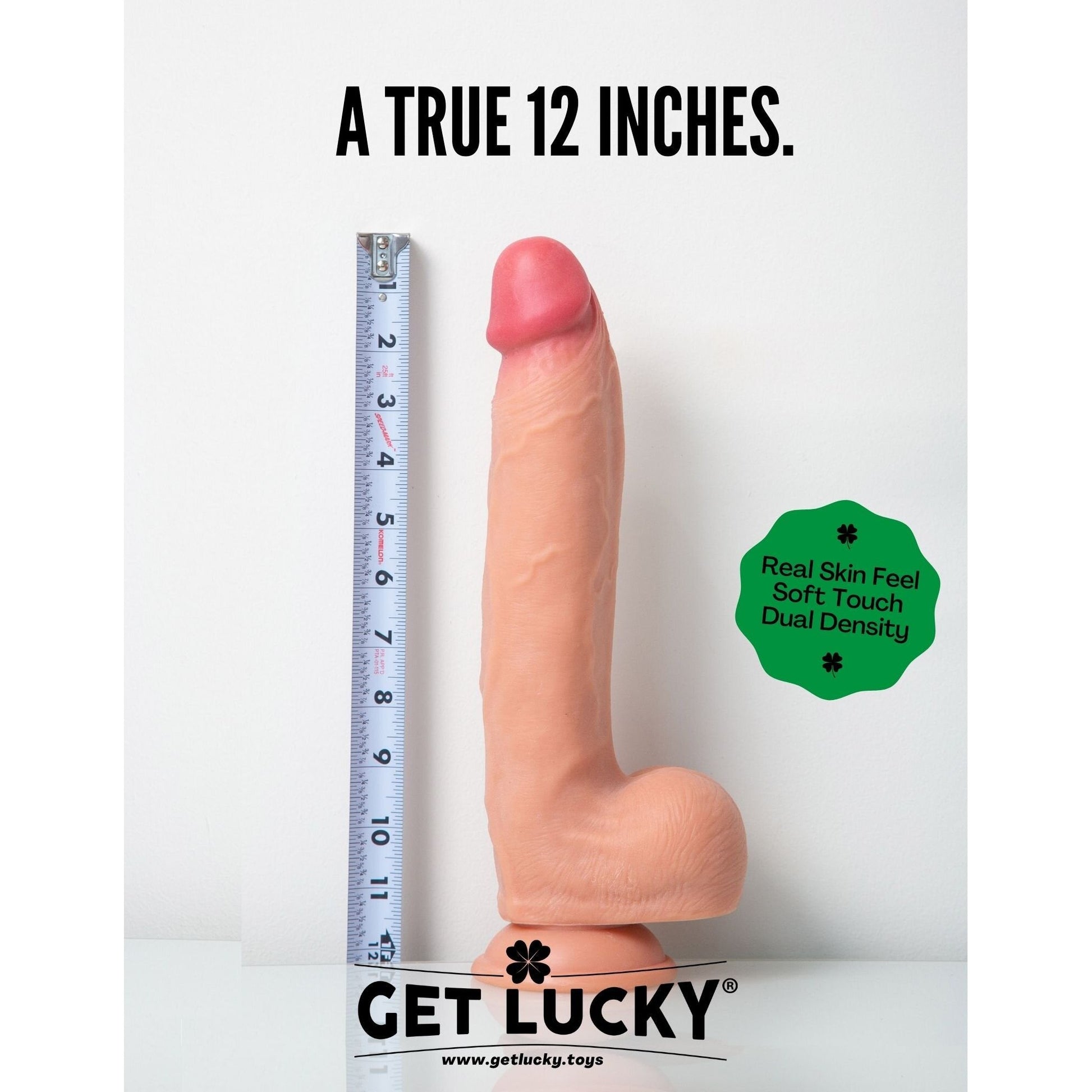 The Get Lucky 12 Real Skin Series Mega Man dildo, standing upright by a ruler, emphasizes its impressive size with dual layered silicone, real skin feel, and soft touch for an ultra-realistic experience. The Get Lucky brand is prominently displayed below.