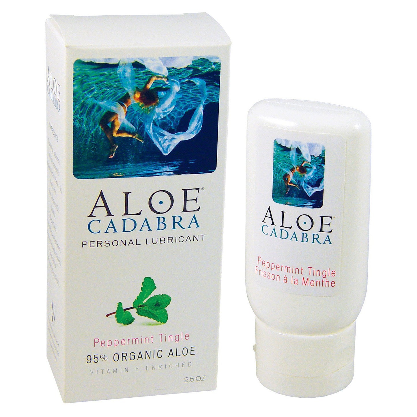 A box and tube of Aloe Cadabra Organic Lubricant in Peppermint Tingle scent, made with 95% organic aloe vera and free of glycerin. The packaging displays a person underwater and mint leaves.