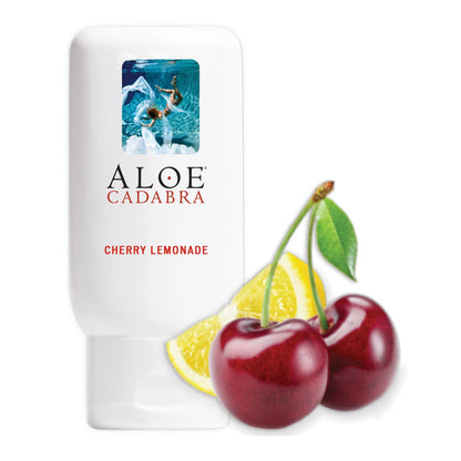 Aloe Cadabra Organic Lubricant, enriched with Aloe Vera and a cherry lemonade scent, features a woman swimming on the label. The glycerin-free tube is accompanied by images of two cherries and a lemon wedge.