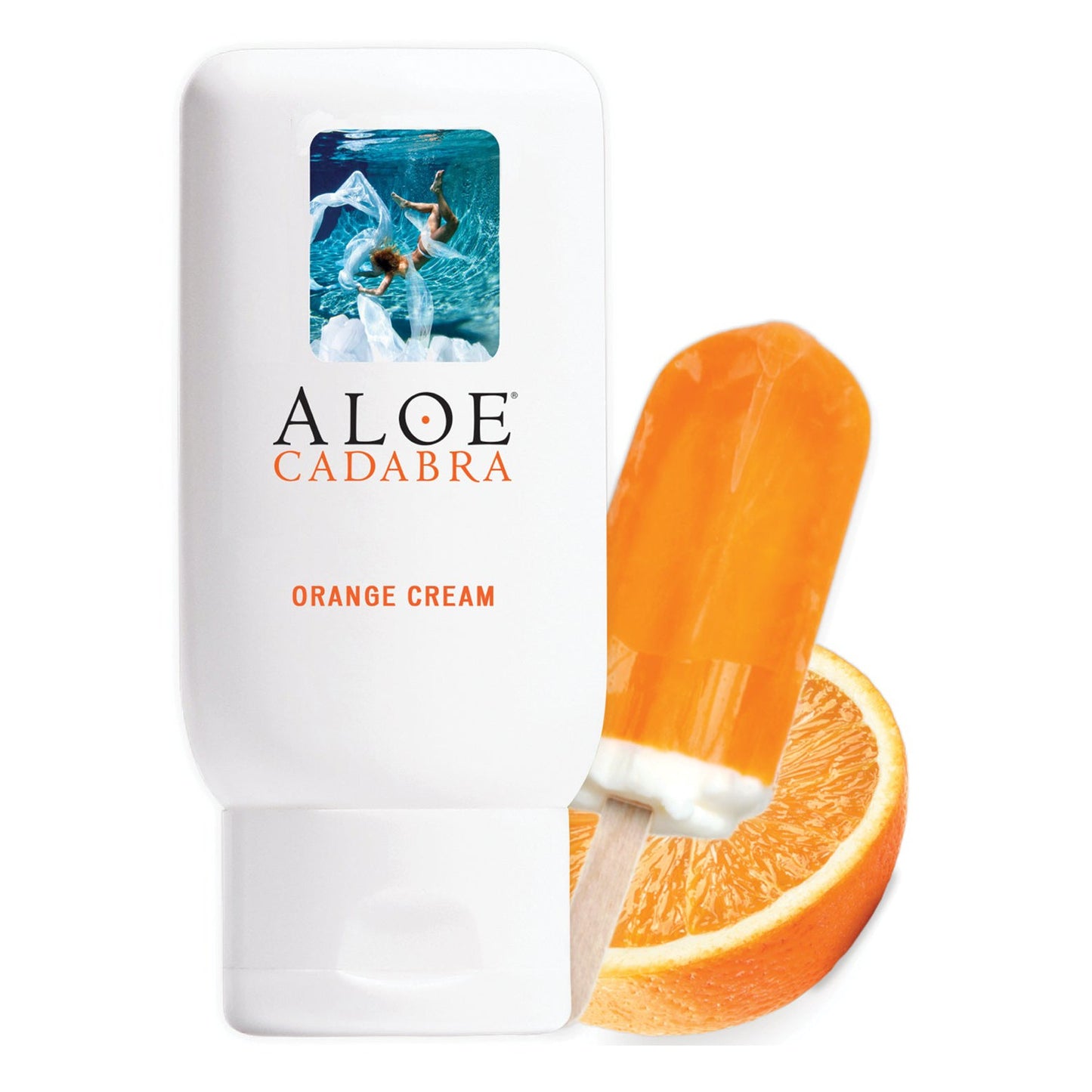 Aloe Cadabra Organic Lubricant in Orange Cream flavor is pictured with an orange popsicle and sliced orange. Enriched with soothing aloe vera, this glycerin-free lubricant from Aloe Cadabra offers a sensational experience.
