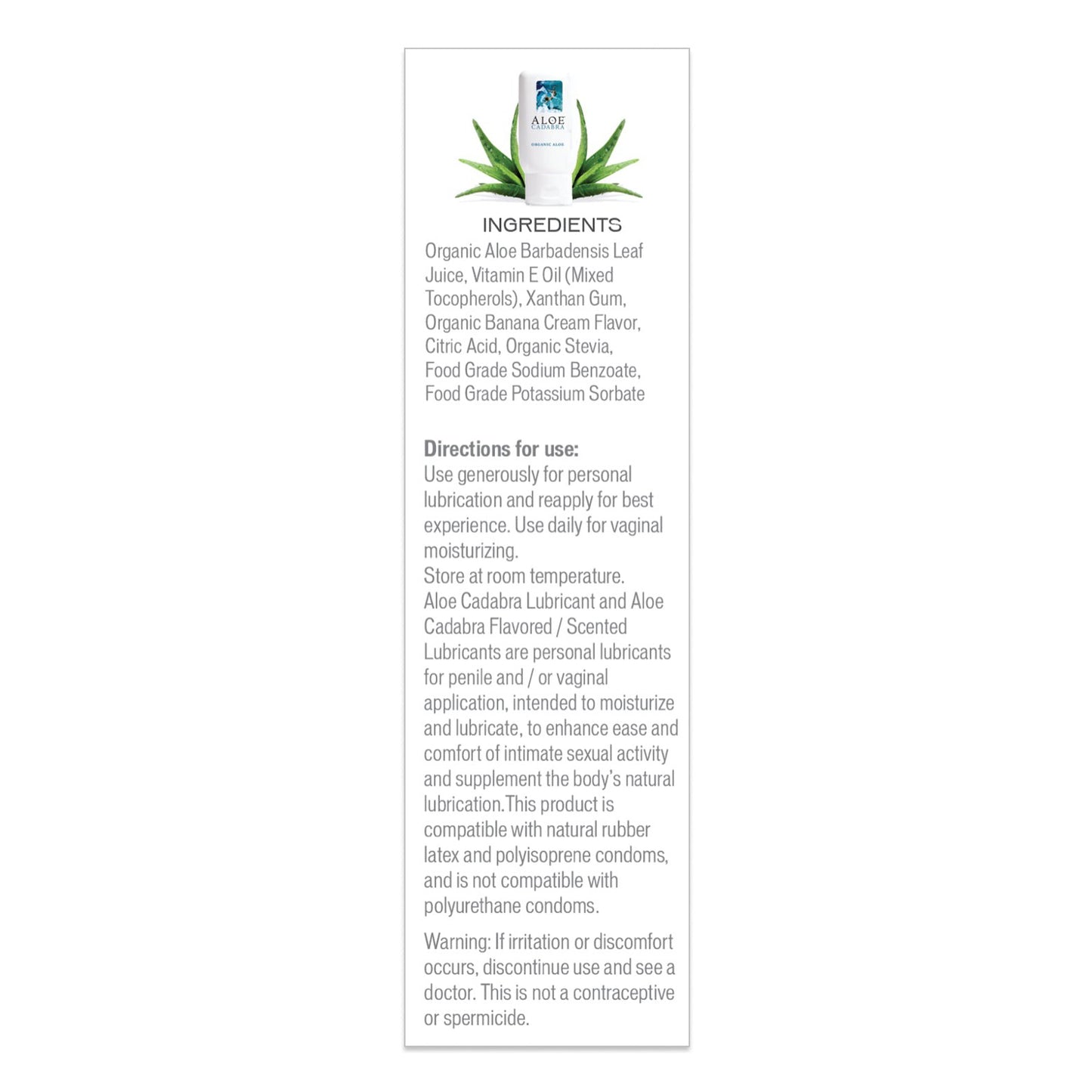 Label for Aloe Cadabra Organic Lubricant with aloe plant image. Ingredients: aloe leaf juice, vitamin E, xanthan gum. Glycerin-free for gentle care. Directions: Use generously. Warning: Discontinue if irritation occurs.