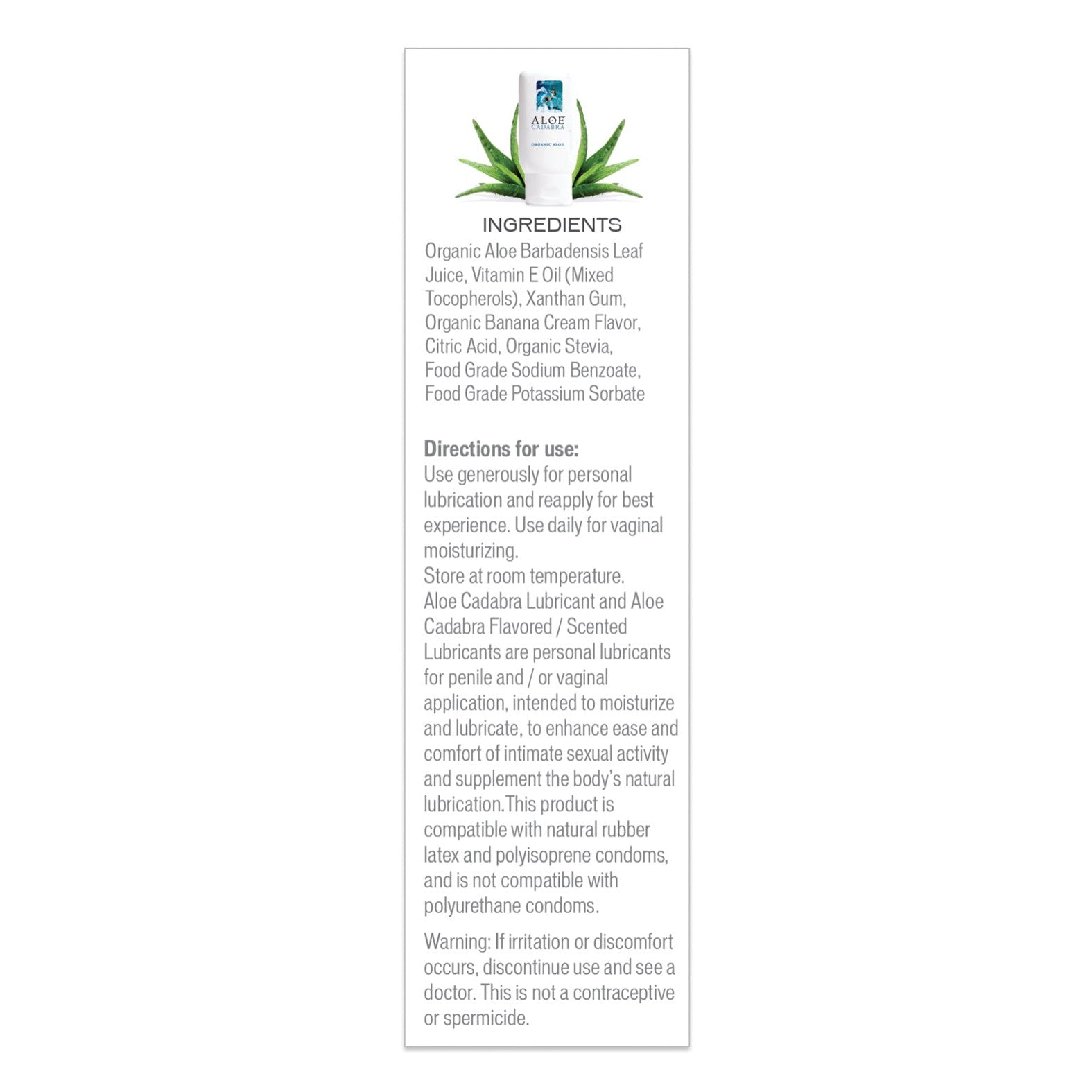 Label for Aloe Cadabra Organic Lubricant with aloe plant image. Ingredients: aloe leaf juice, vitamin E, xanthan gum. Glycerin-free for gentle care. Directions: Use generously. Warning: Discontinue if irritation occurs.