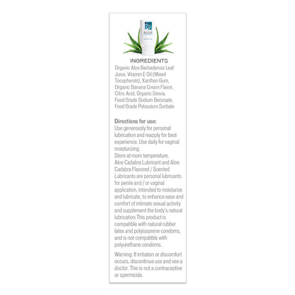 Label for Aloe Cadabra Organic Lubricant with aloe plant image. Ingredients: aloe leaf juice, vitamin E, xanthan gum. Glycerin-free for gentle care. Directions: Use generously. Warning: Discontinue if irritation occurs.