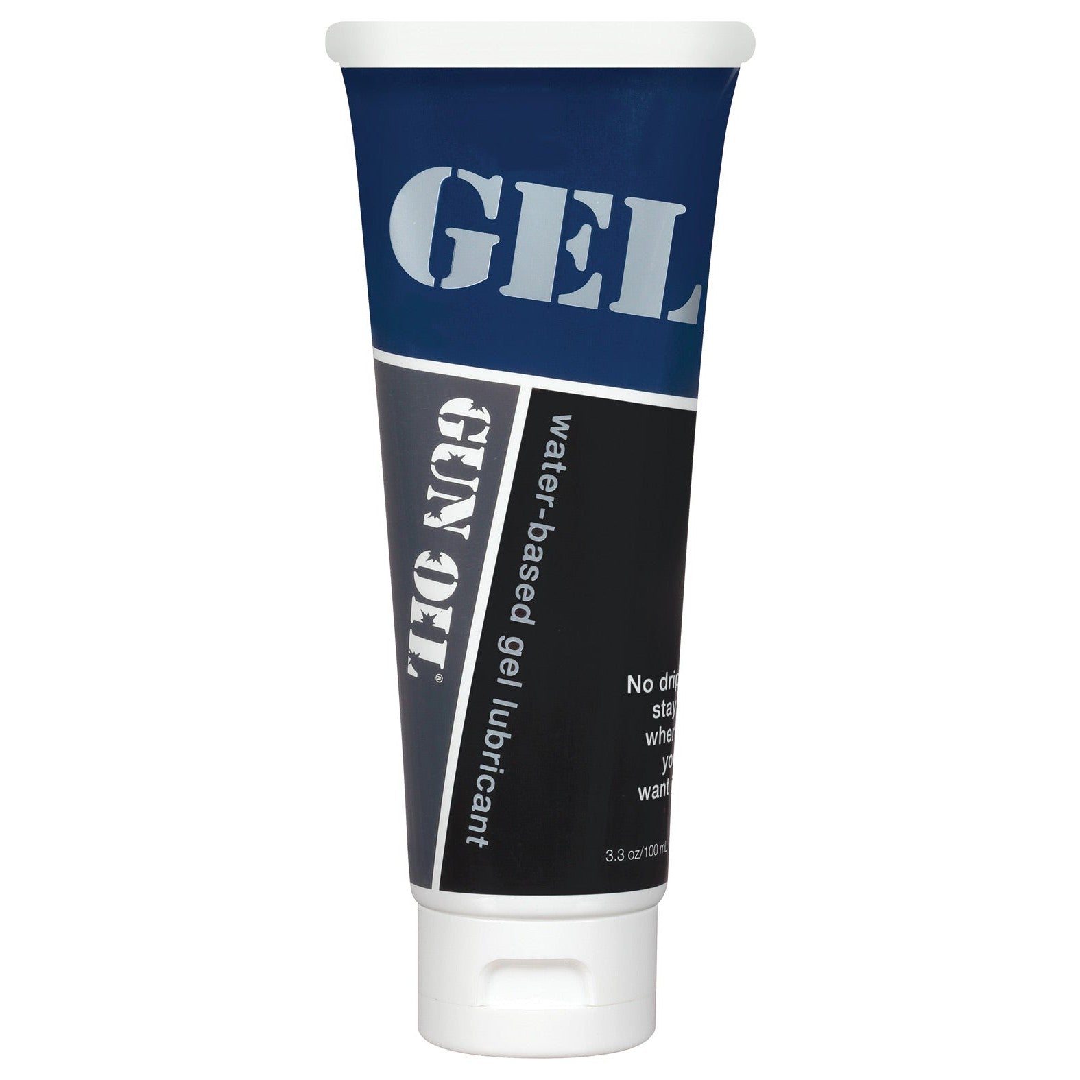 A tube of Gun Oil Toy Lube by Gun Oil is set against a white background. The blue and black design with white text and cap emphasizes its antimicrobial benefits for safety and comfort.