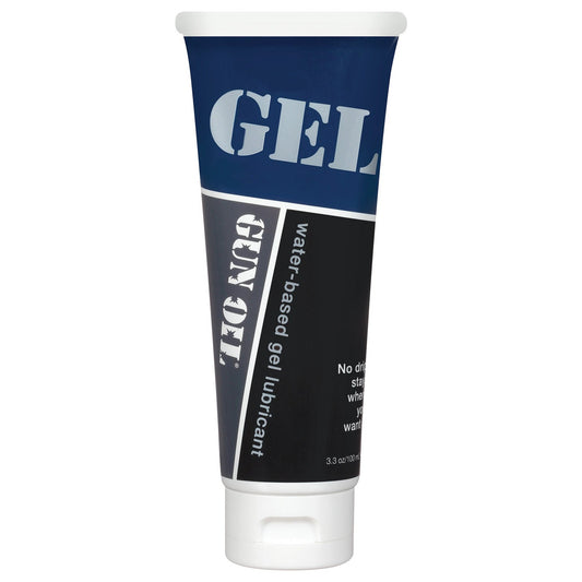 A tube of Gun Oil Toy Lube by Gun Oil is set against a white background. The blue and black design with white text and cap emphasizes its antimicrobial benefits for safety and comfort.