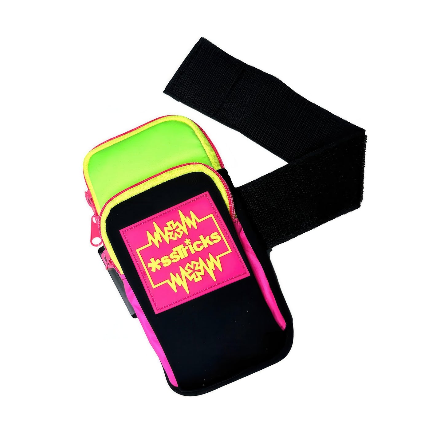 The Ekg Arm Bag in Neon by *ssTricks features neon green and pink panels, a black strap, bright pink patch with bold yellow lettering, reflective sides, a zippered pocket, and water-resistant neoprene construction.