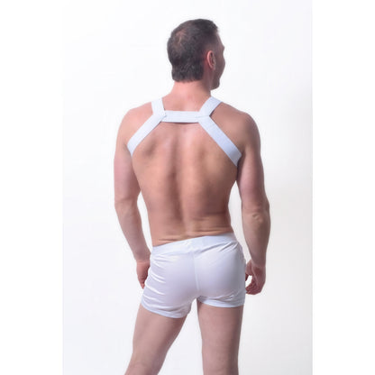A man stands with his back to the camera, wearing the *ssTricks Transistor Harness in White and matching white shorts against a plain white background.