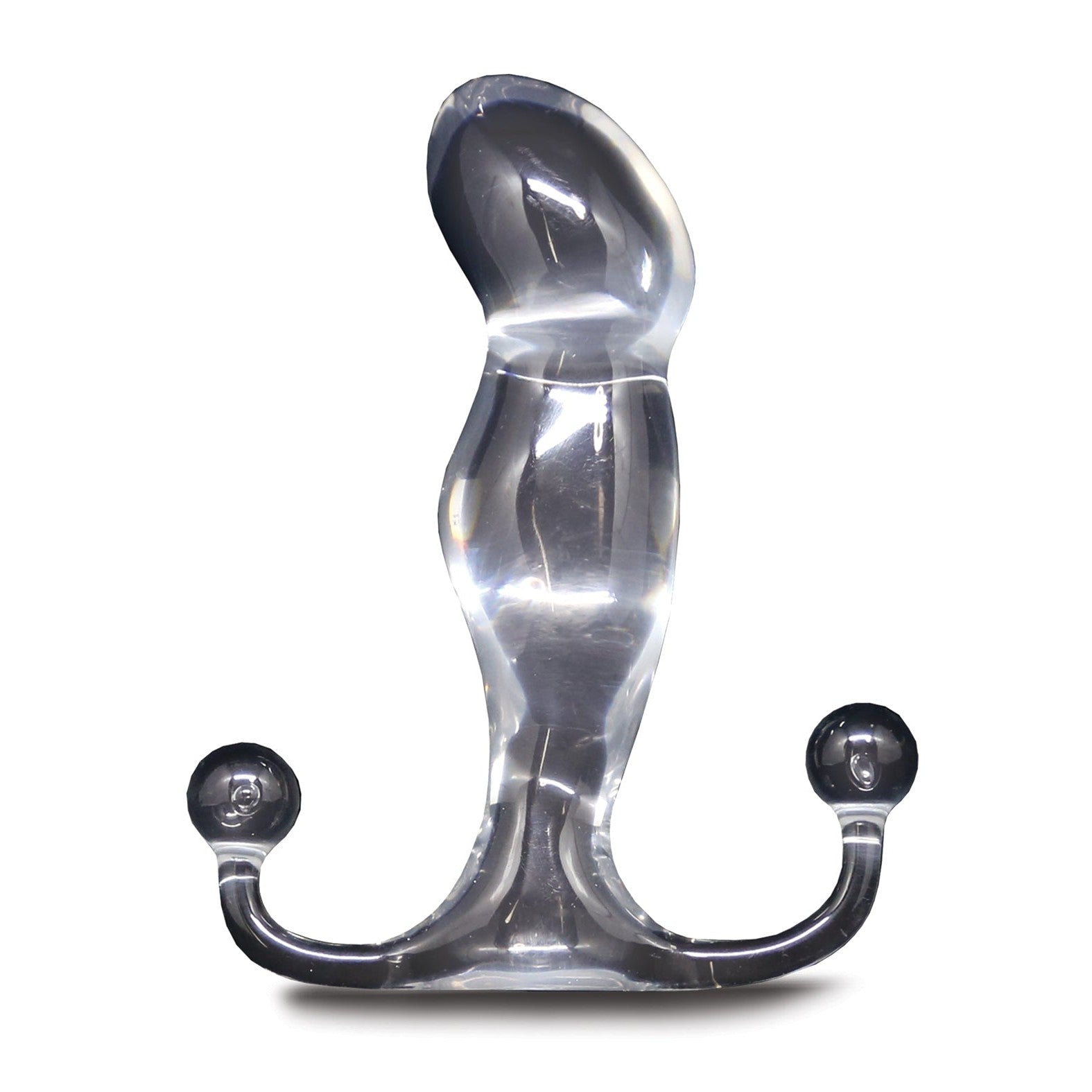 Meet the Aneros Male Prostate Stimulator - Progasm, a transparent, artfully designed piece with a curved ergonomic shape and two rounded base handles for optimal prostate massage. Its glossy finish adds a touch of elegance by beautifully reflecting light.