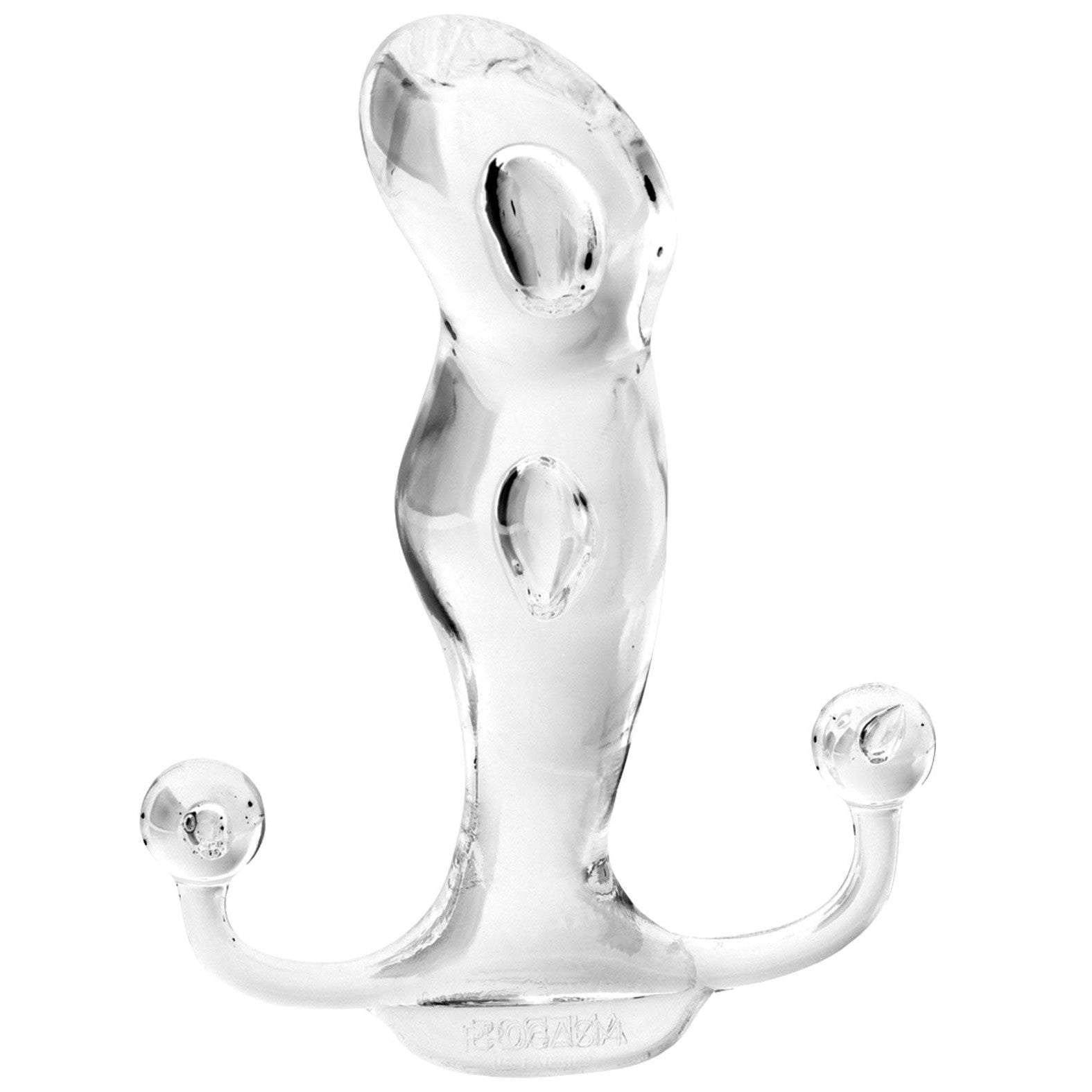 A transparent glass item with a smooth, curved form features a contoured main body and two spherical extensions at its base, resembling sculptural art similar to the Aneros Male Prostate Stimulator - Progasm by Aneros.