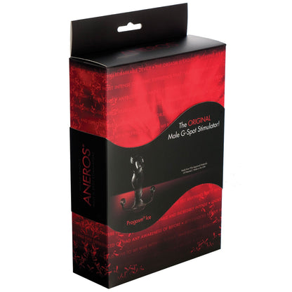 The Aneros Progasm Ice, packaged in sleek red and black, is labeled The Original Male G-Spot Stimulator. The front showcases a photo of the Aneros Male Prostate Stimulator - Progasm, with branding and key details on its exceptional prostate massage capabilities.