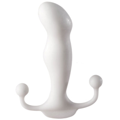 The Aneros Male Prostate Stimulator - Progasm by Aneros features an innovative abstract white design, smooth texture, and curvy structure. It includes two small round handles at the base for precise control during prostate massage.