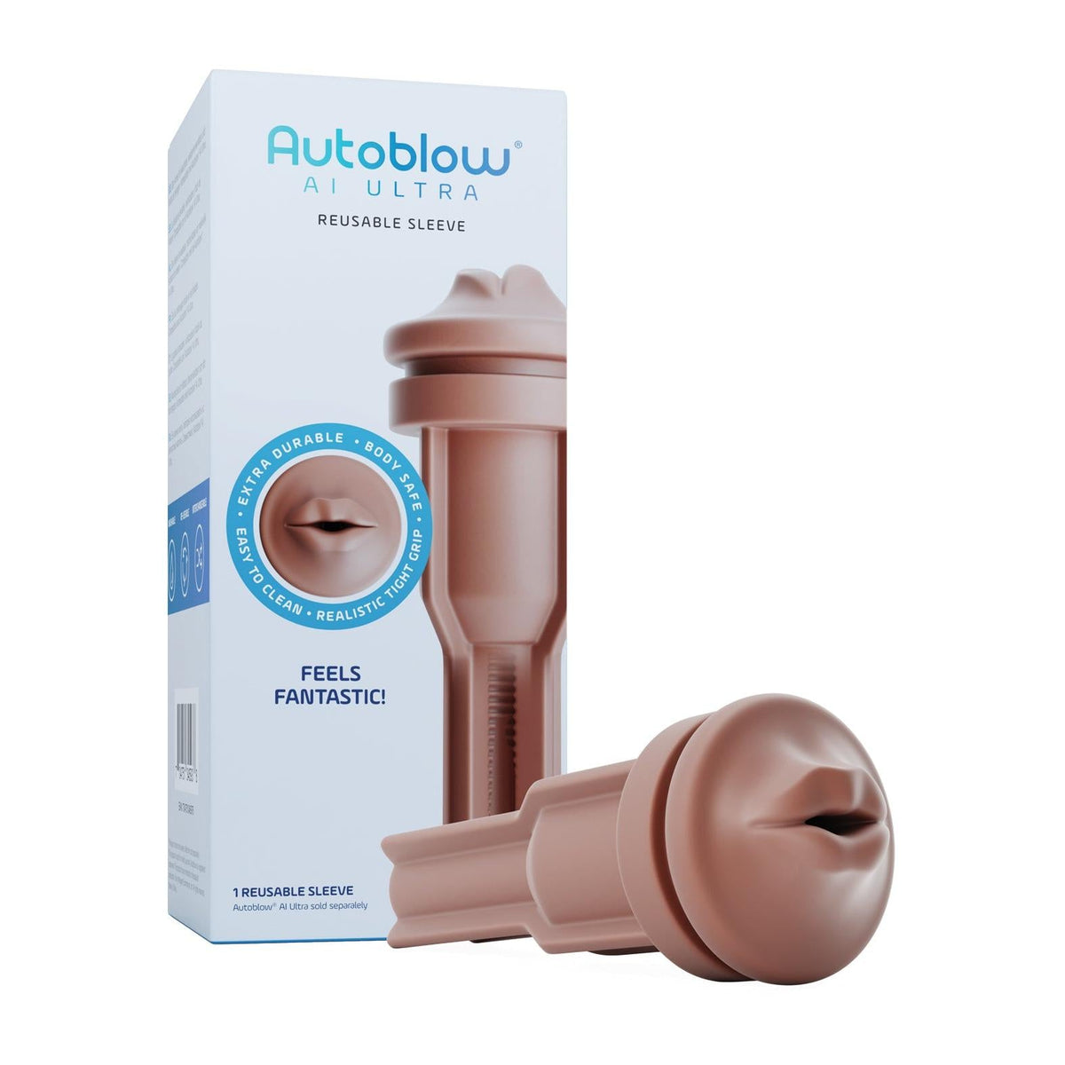 Autoblow AI Ultra mouth sleeve in brown, the colour in stock, standing upright with the lips at the top