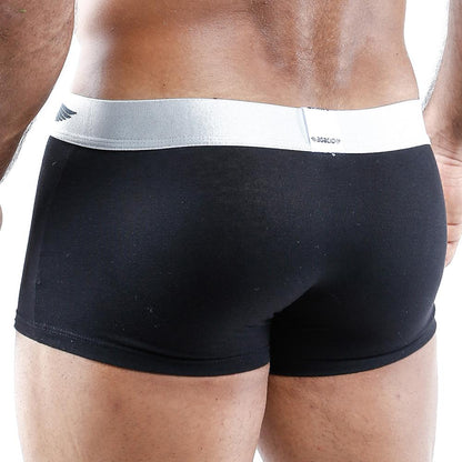 A close-up image displays the Agacio Boxer Trunk from the waist down, highlighting its silky fabric and contour pouch. The black trunks feature a sleek white waistband, set against a plain background.