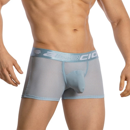 A person stands with their hands at their sides, wearing Agacio Boxer Mesh Trunks with a supportive pouch and branded waistband, highlighting the front view.
