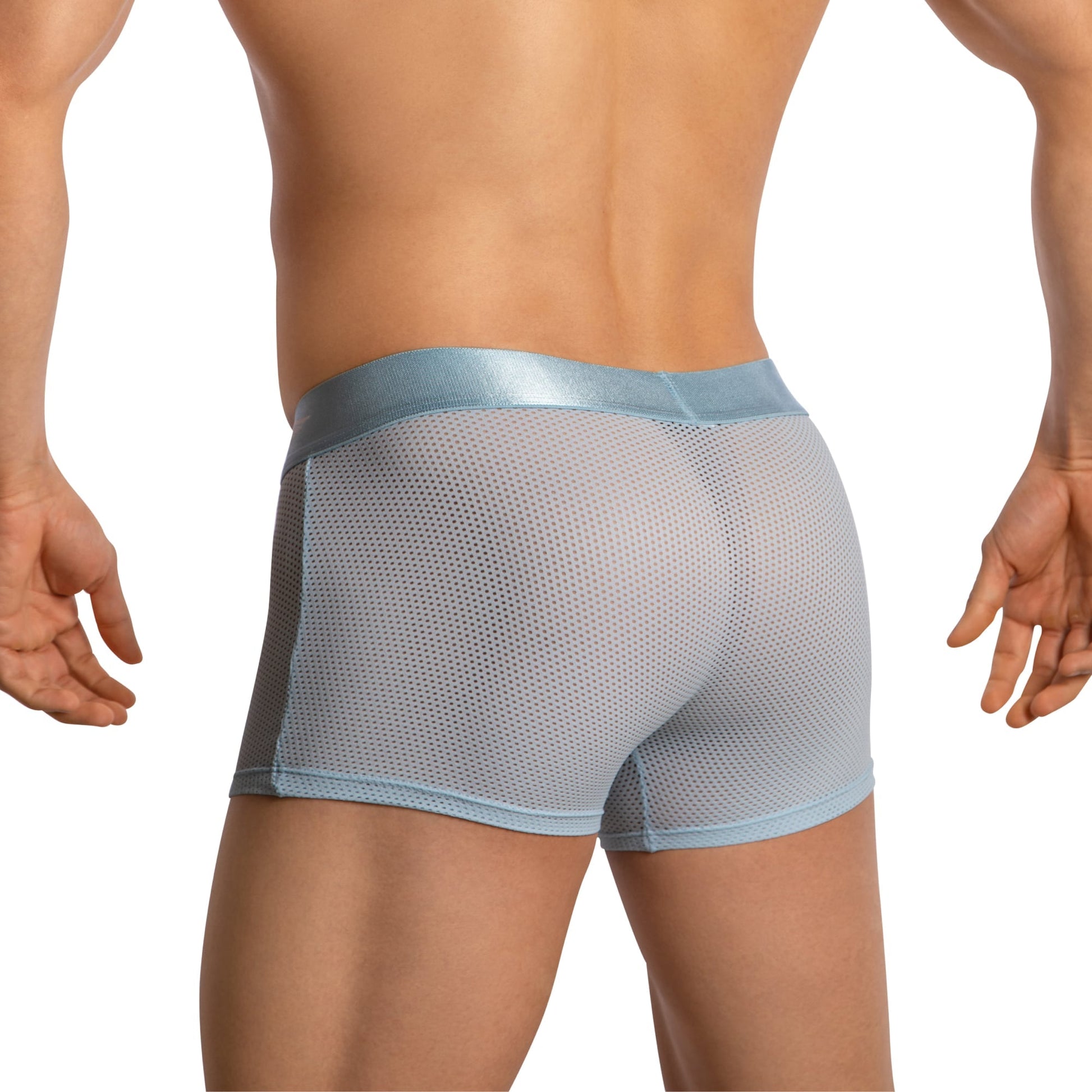 Viewed from the back, a person wears Agacio Boxer Mesh Trunks with Pouch in light blue. Their hands are at their sides, and the shiny waistband contrasts with the supportive pouch and textured sheer mesh. The backdrop is minimalist white.