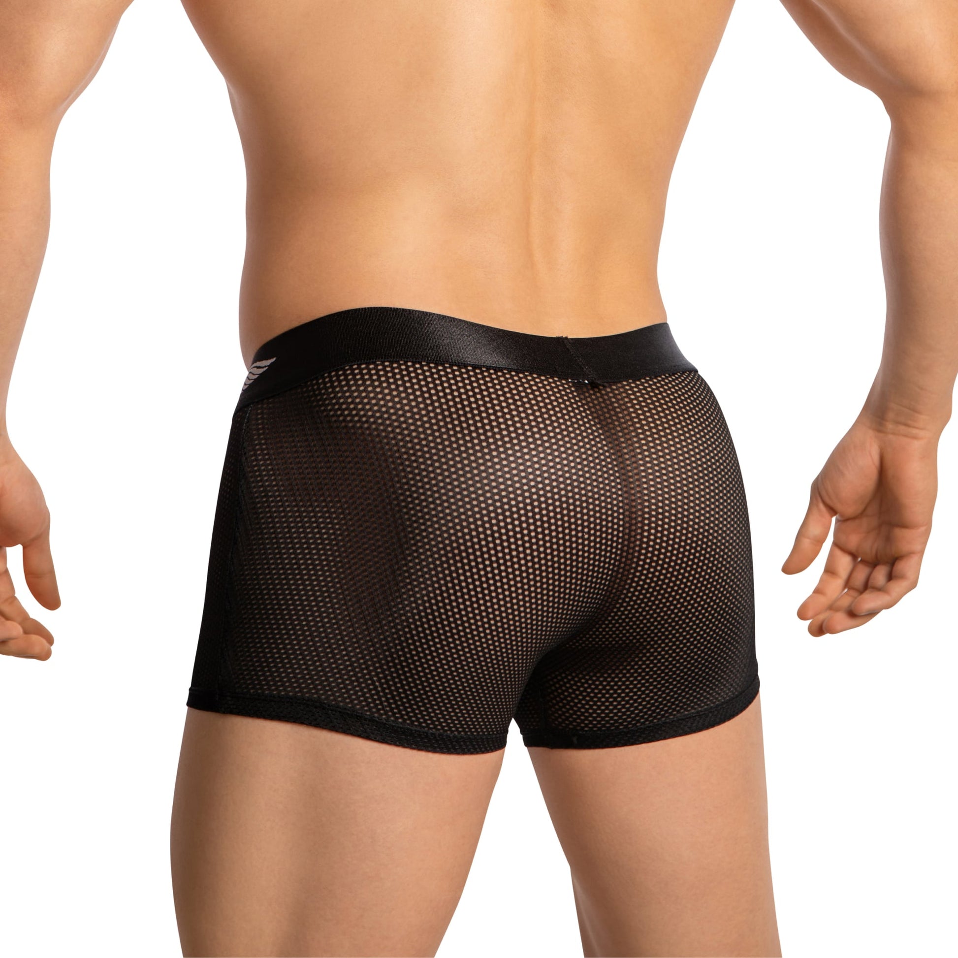 A person is wearing Agacio Boxer Mesh Trunks with Pouch, viewed from behind. The solid black waistband contrasts with the sheer mesh fabric, while the models hands on their hips highlight the supportive pouch and design.