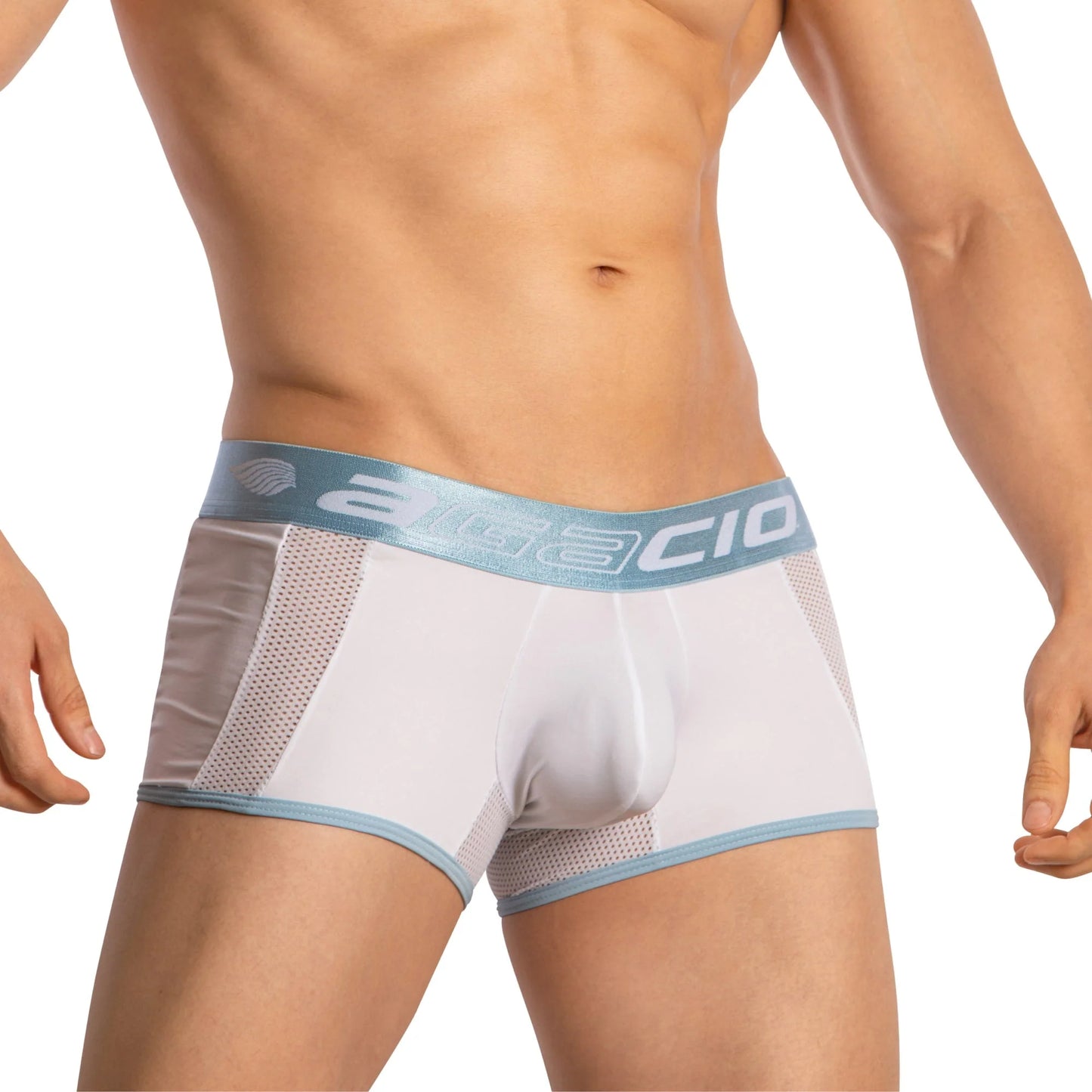 Someone is wearing Agacio Boxer Sheer Trunks in white and light blue, featuring sheer mesh side panels for breathability. The blue waistband with a stylized logo offers contoured support, emphasizing the stylish and comfortable design of the Agacio brand.