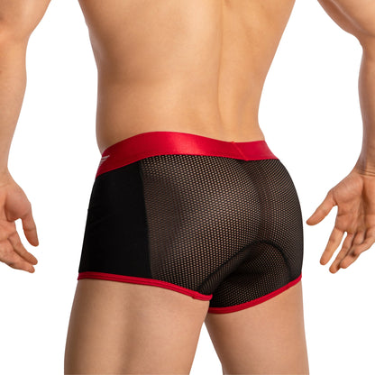 A person standing with their back to the camera is wearing Agacio Boxer Sheer Trunks, featuring black sheer mesh with red trim and slightly bent arms by their sides, highlighting from shoulders to thighs.